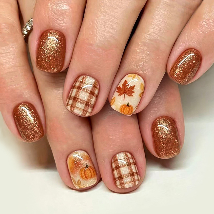 24Pcs Burnt Orange Plaid Shiny - đánh giá và giá Nail Art Orange